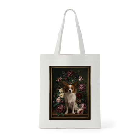 犬（パピヨン）トートバッグ 花の油絵風アート キャンバス地