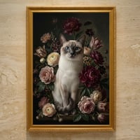 猫（シャム猫）の花に囲まれた油絵風アート A3額装インテリア壁掛け