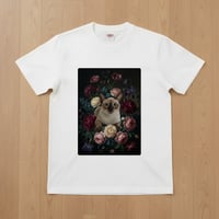 猫（シャム猫）半袖Tシャツ 花の油絵風アート ホワイト 男女兼用