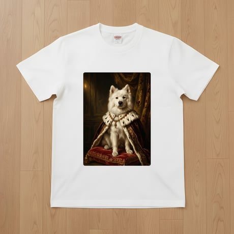 犬（サモエド）半袖Tシャツ ルネサンス風カラーアート ホワイト 男女兼用