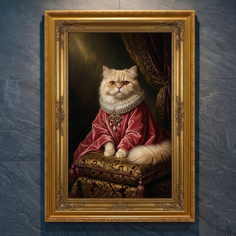 猫（ペルシャ猫）のルネサンス風肖像画 油絵風アートA4金縁額装