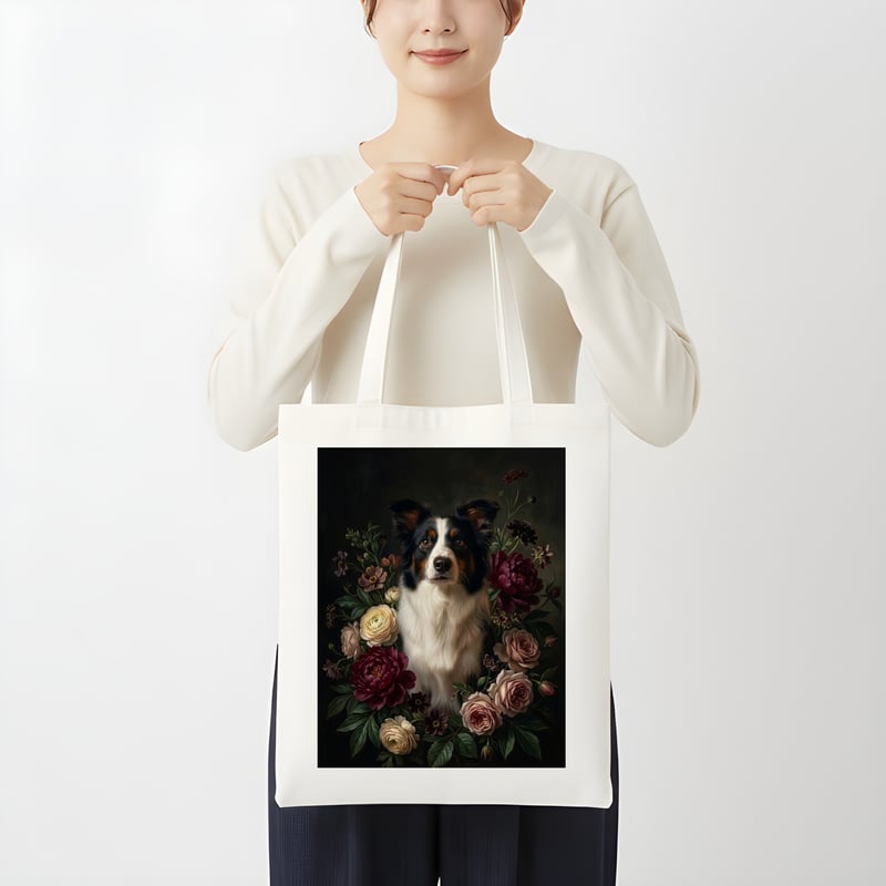 犬（ボーダーコリー）トートバッグ 花の油絵風アート キャンバス地