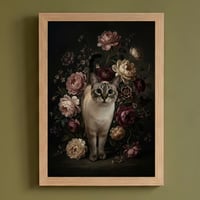 猫（シャム猫）の花に囲まれた油絵風アート A4額装インテリア壁掛け