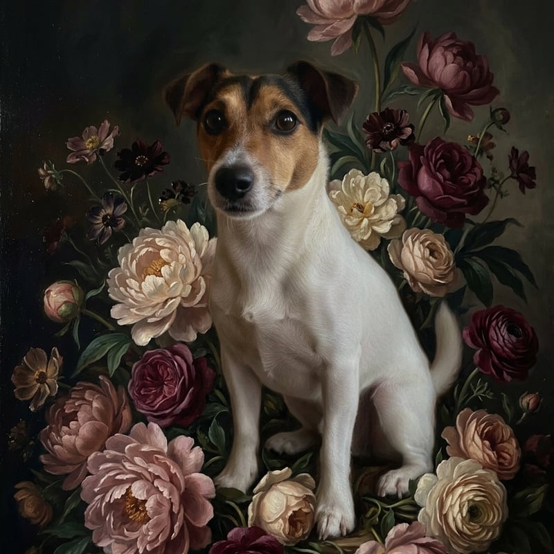 犬（ジャックラッセルテリア）の花に囲まれた油絵風アート A3額装