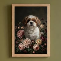 犬（シーズー）の花に囲まれた油絵風アート A4額装インテリア壁掛け