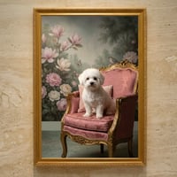 犬（ビションフリーゼ）のロココ調シャビーピンクアート A3額装インテリア壁掛け