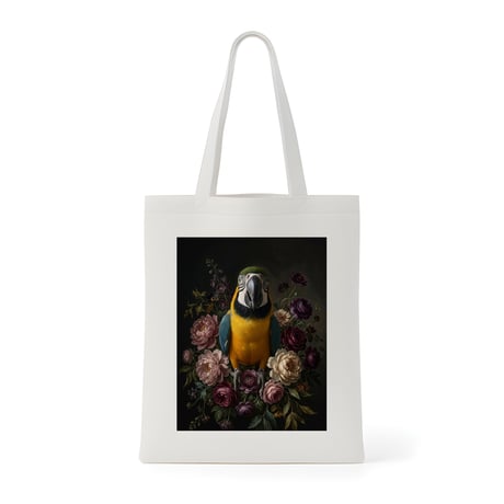 インコ（ルリコンゴウインコ）トートバッグ 花の油絵風アート キャンバス地