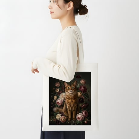 猫（ソマリ）トートバッグ 花の油絵風アート キャンバス地