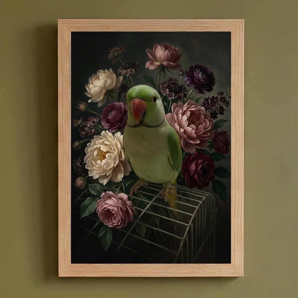 インコ（インドオオハナインコ）の花の油絵風アート A4額装インテリア