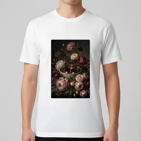 ブラックベアハムスター半袖Tシャツ 花の油絵風アート ホワイト 男女兼用