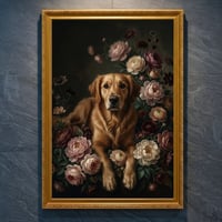 犬（ゴールデンレトリバー）の花の油絵風アート A4金縁額装インテリア壁掛け