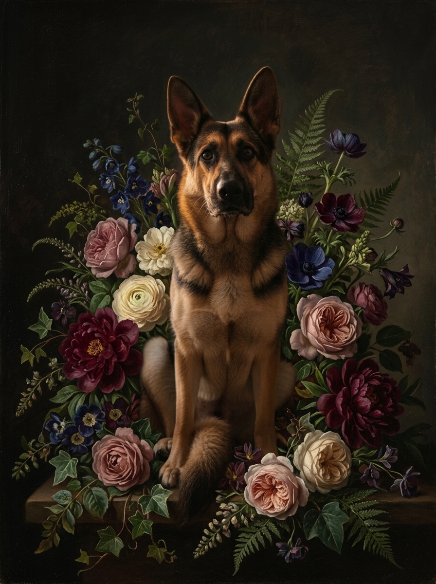 犬（ジャーマンシェパード）の花の油絵風アート A4金縁額装インテリア
