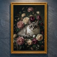 猫（ラグドール）の花に囲まれた油絵風アート A4金縁額装インテリア壁掛け