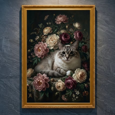 猫（ラグドール）の花に囲まれた油絵風アート A4金縁額装インテリア壁掛け