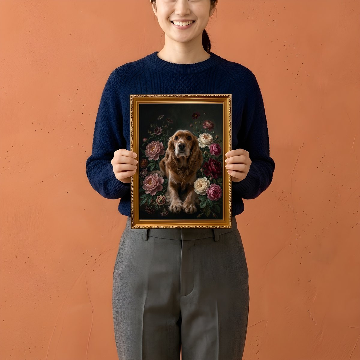 犬（コッカースパニエル）の花に囲まれた油絵風アート A4金縁額装
