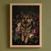 犬（ジャーマンシェパード）の花に囲まれた油絵風アート A4額装インテリア壁掛け