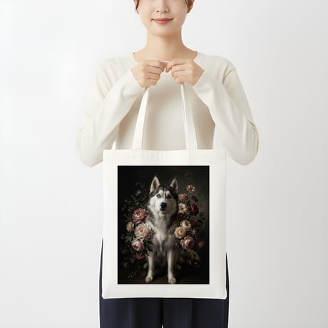 犬（シベリアンハスキー）トートバッグ 花の油絵風アート キャンバス地