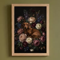 犬（ミニチュアダックスフンド）の花の油絵風アート A4額装インテリア壁掛け