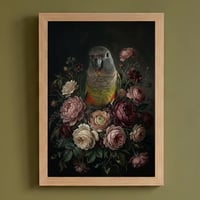 インコ（アカハラインコ）の花に囲まれた油絵風アート A4額装インテリア壁掛け