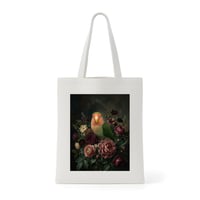 インコ（コザクラインコ）トートバッグ 花の油絵風アート キャンバス地