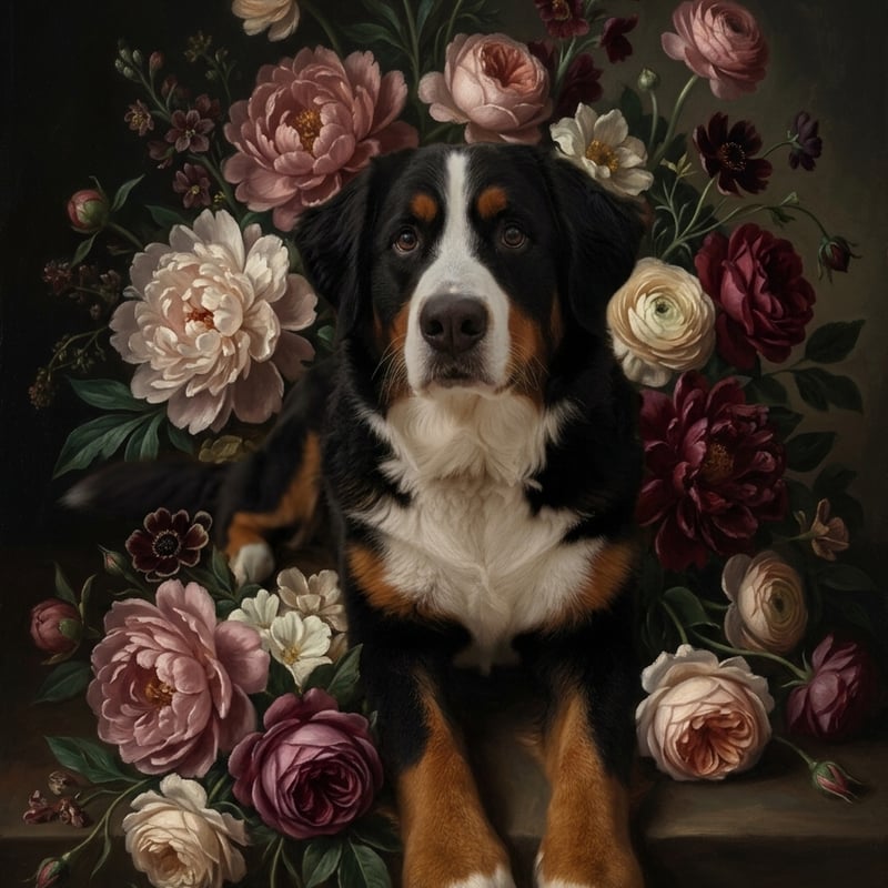 犬（バーニーズマウンテンドッグ）の花の油絵風アート A3額装