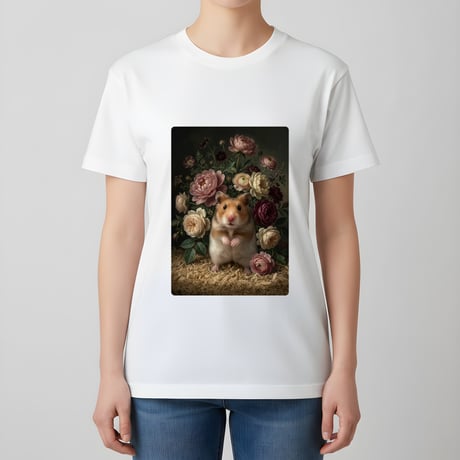 ファンシーハムスター半袖Tシャツ 花の油絵風アート ホワイト 男女兼用