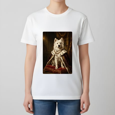 犬（サモエド）半袖Tシャツ ルネサンス風カラーアート ホワイト 男女兼用