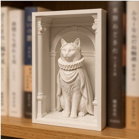 猫（ターキッシュアンゴラ）の3Dプリント ブックヌーク 白PLA 本棚インテリア