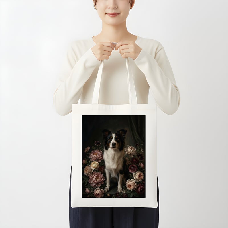 犬（ボーダーコリー）トートバッグ 花の油絵風アート キャンバス地