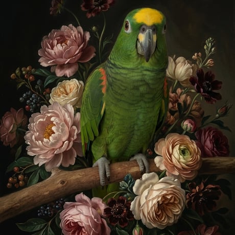 インコ（キエリボウシインコ）の花に囲まれた油絵風アート A4額装インテリア壁掛け