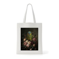 インコ（アオボウシインコ）トートバッグ 花の油絵風アート キャンバス地