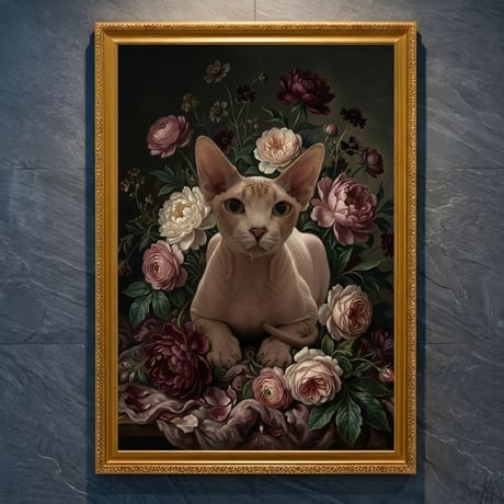 猫（スフィンクス）の花に囲まれた油絵風アート A4金縁額装インテリア壁掛け