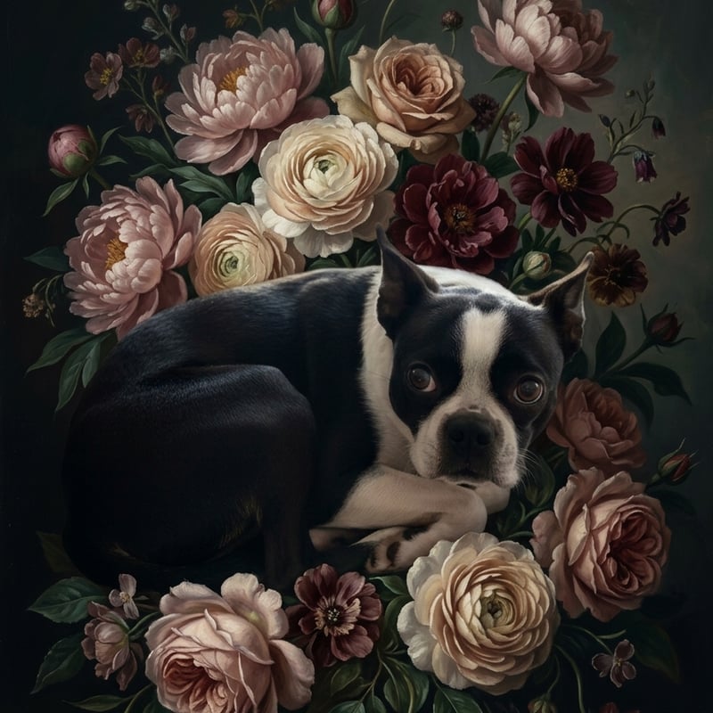 犬（ボストンテリア）の花に囲まれた油絵風アート A3額装インテリア