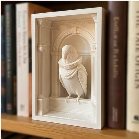 インコ（セキセイインコ）の3Dプリント ブックヌーク 白PLA 本棚インテリア
