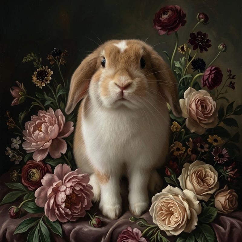 うさぎ（ミニロップ）の花に囲まれた油絵風アート A4金縁額装