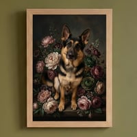犬（ジャーマンシェパード）の花に囲まれた油絵風アート A4額装インテリア壁掛け