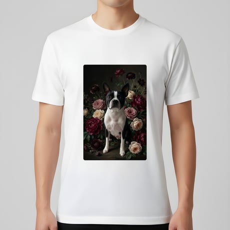 犬（ボストンテリア）半袖Tシャツ 花の油絵風アート ホワイト 男女兼用