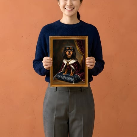 犬（キャバリア）のルネサンス風肖像画 油絵風アートA4金縁額装インテリア壁掛け
