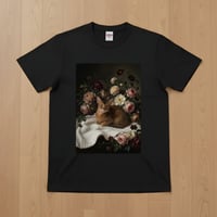 猫（アビシニアン）半袖Tシャツ 花の油絵風アート ブラック 男女兼用