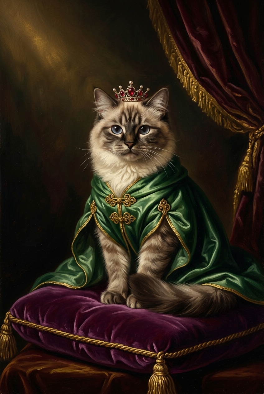 猫（ヒマラヤン）のルネサンス風肖像画 油絵風アートA4金縁額装