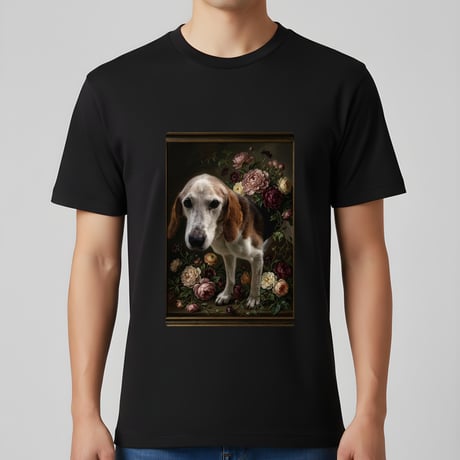 犬（ビーグル）半袖Tシャツ 花の油絵風アート ブラック 男女兼用