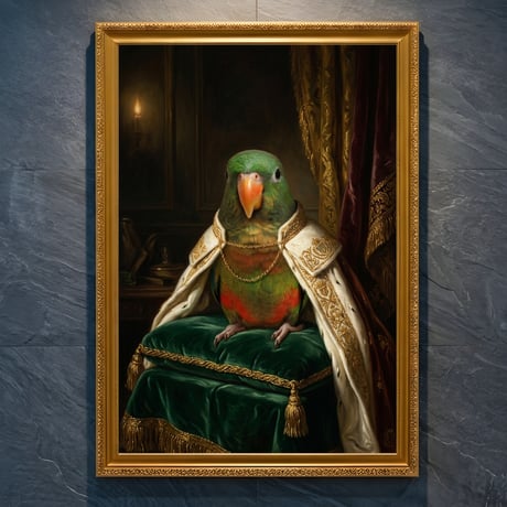 インコ（アカハラインコ）のルネサンス風肖像画 A4金縁額装インテリア壁掛け
