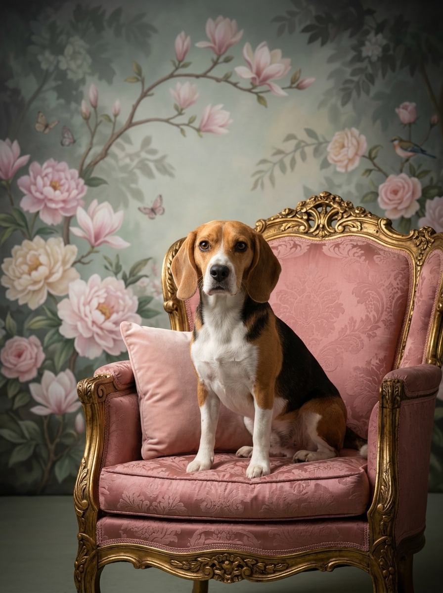 犬（ビーグル）のロココ調シャビーピンクアート A4額装インテリア