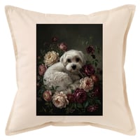 犬（マルチーズ）クッション 45cm 花の油絵風カラーアート