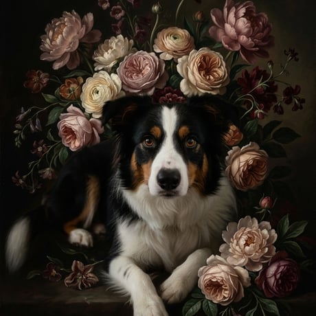 犬（ボーダーコリー）の花に囲まれた油絵風アート A3額装インテリア壁掛け
