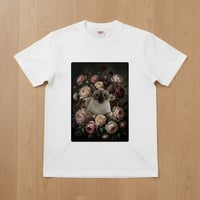 猫（シャム猫）半袖Tシャツ 花の油絵風アート ホワイト 男女兼用
