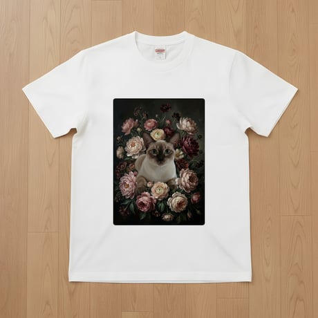 猫（シャム猫）半袖Tシャツ 花の油絵風アート ホワイト 男女兼用
