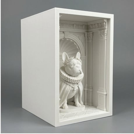 犬（フレンチブルドッグ）の3Dプリント ブックヌーク 白PLA 本棚インテリア