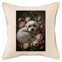 犬（マルチーズ）クッション 45cm 花の油絵風カラーアート