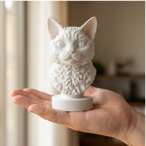 猫（セルカークレックス）の3Dプリント胸像 白PLA 彫刻 置物